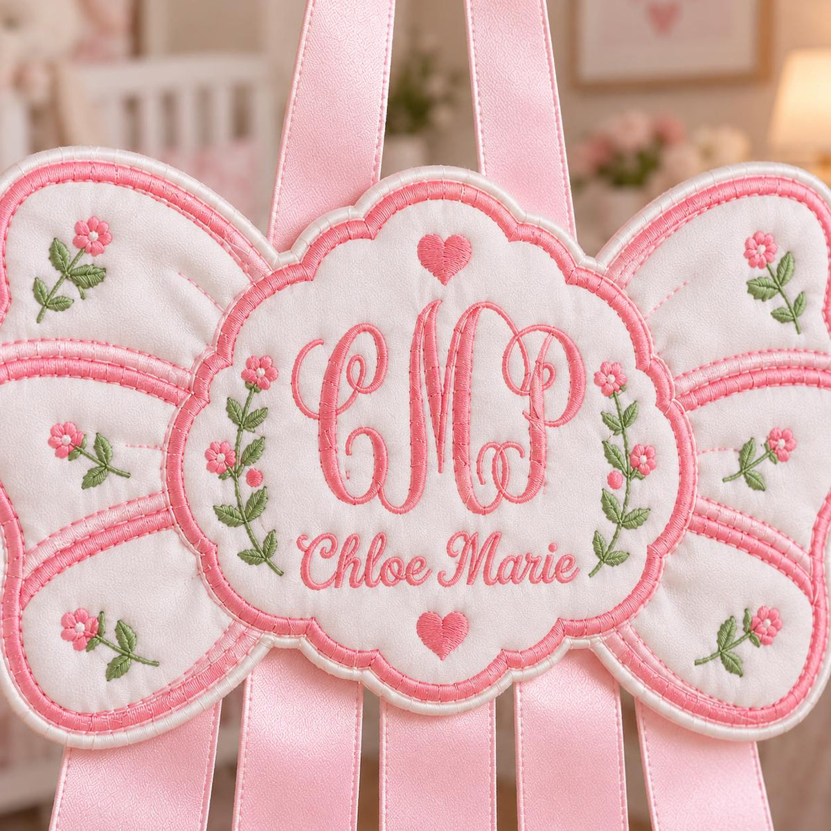 Personalized Hair Bow Holder, Custom Embroidered Bow Organizer, Monogram Nursery Decor, Pink Baby Girl Room Decor, Name Gift