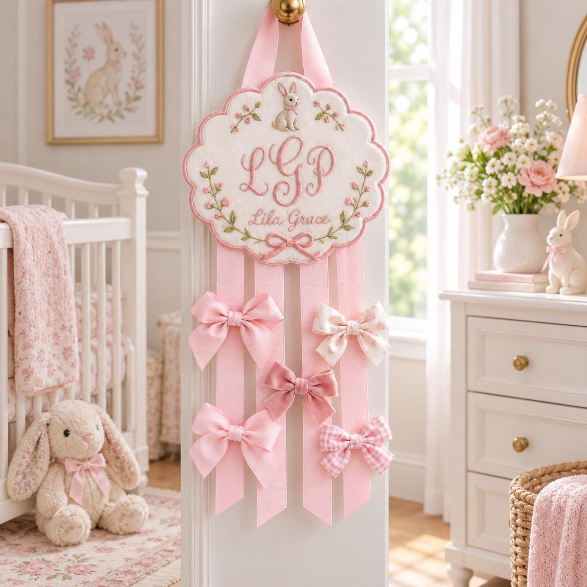 Personalized Hair Bow Holder, Bunny Embroidered Bow Organizer, Custom Name Nursery Decor, Baby Girl Room Decor, Birthday Gift