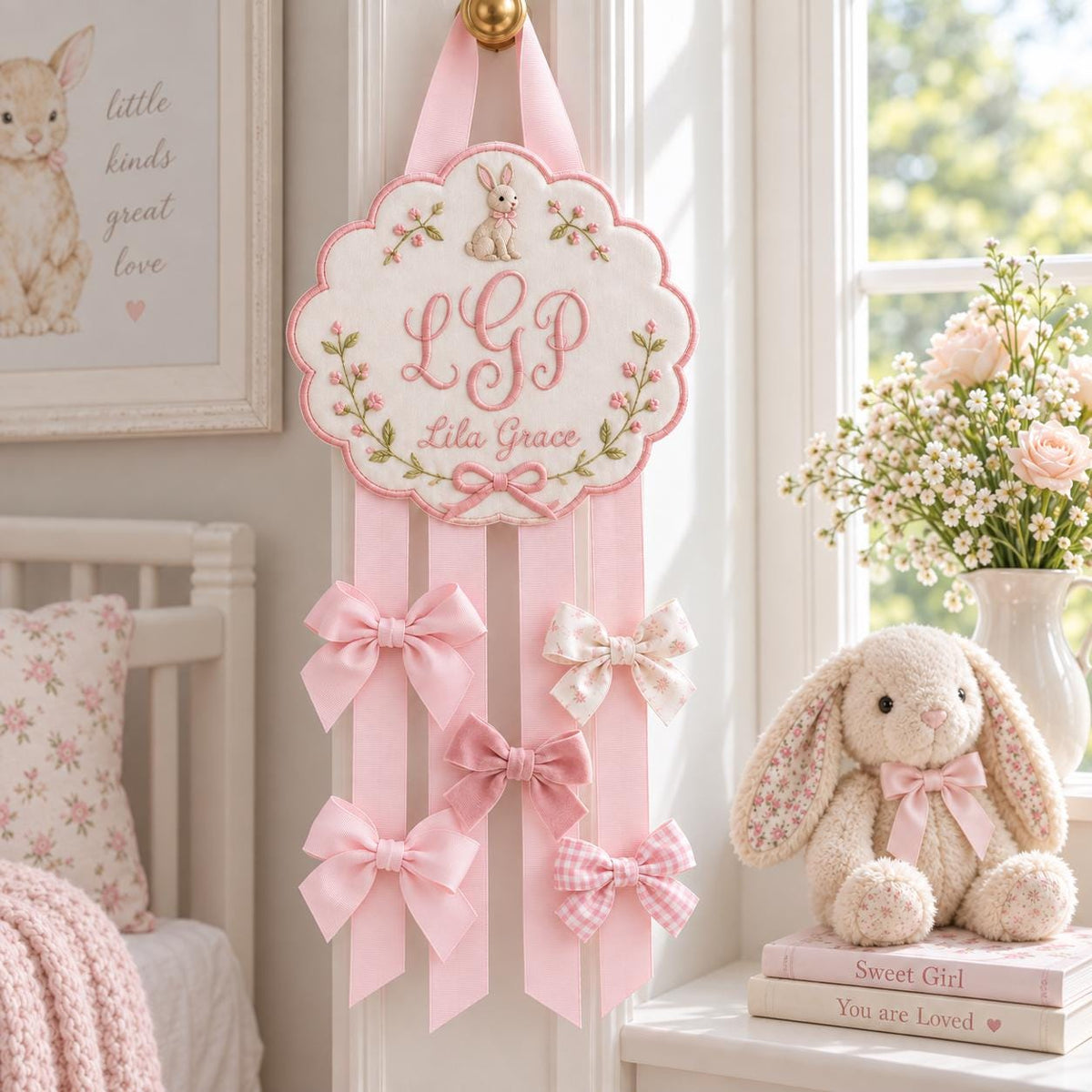 Personalized Hair Bow Holder, Bunny Embroidered Bow Organizer, Custom Name Nursery Decor, Baby Girl Room Decor, Birthday Gift