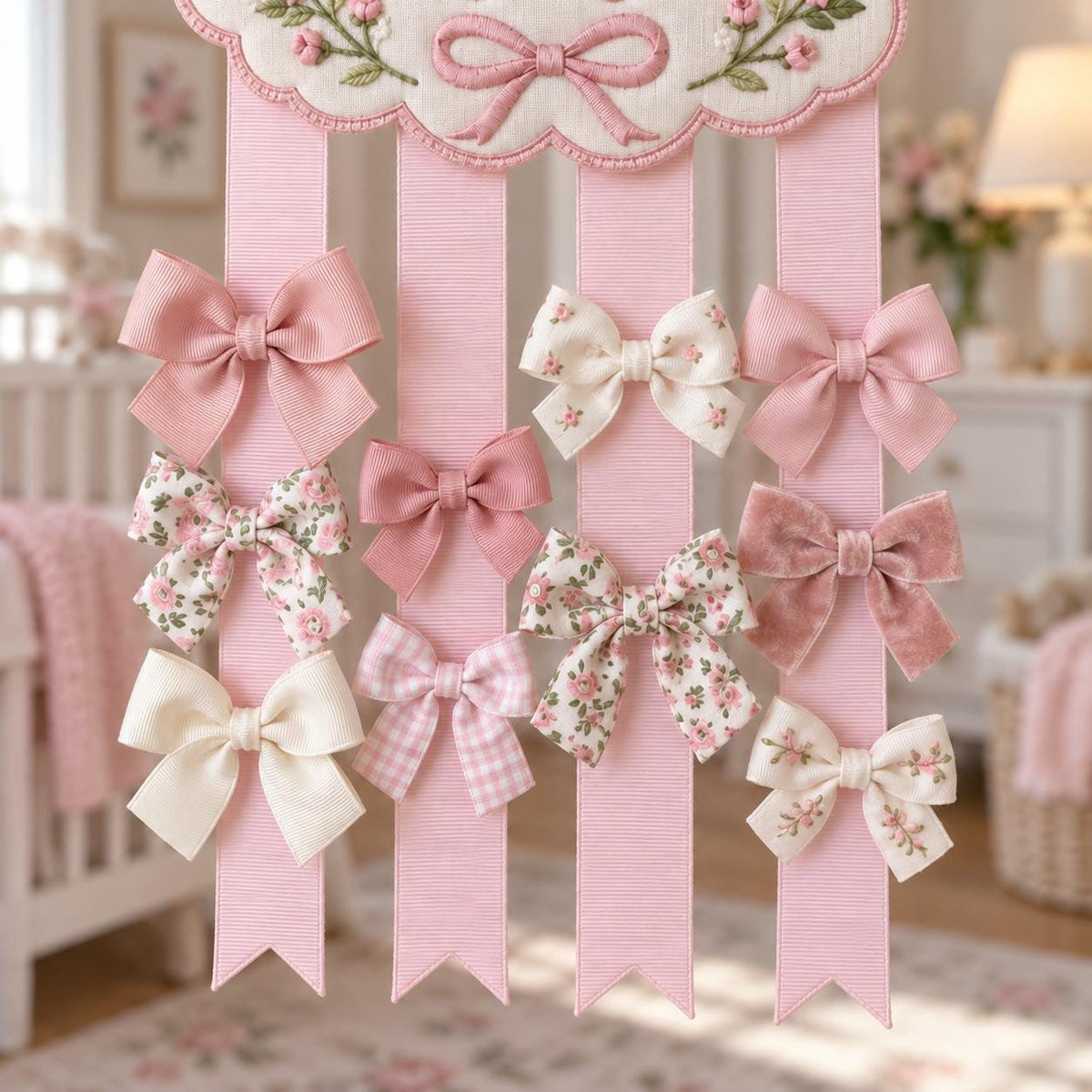 Personalized Hair Bow Holder, Bunny Embroidered Bow Organizer, Custom Name Nursery Decor, Baby Girl Room Decor, Birthday Gift