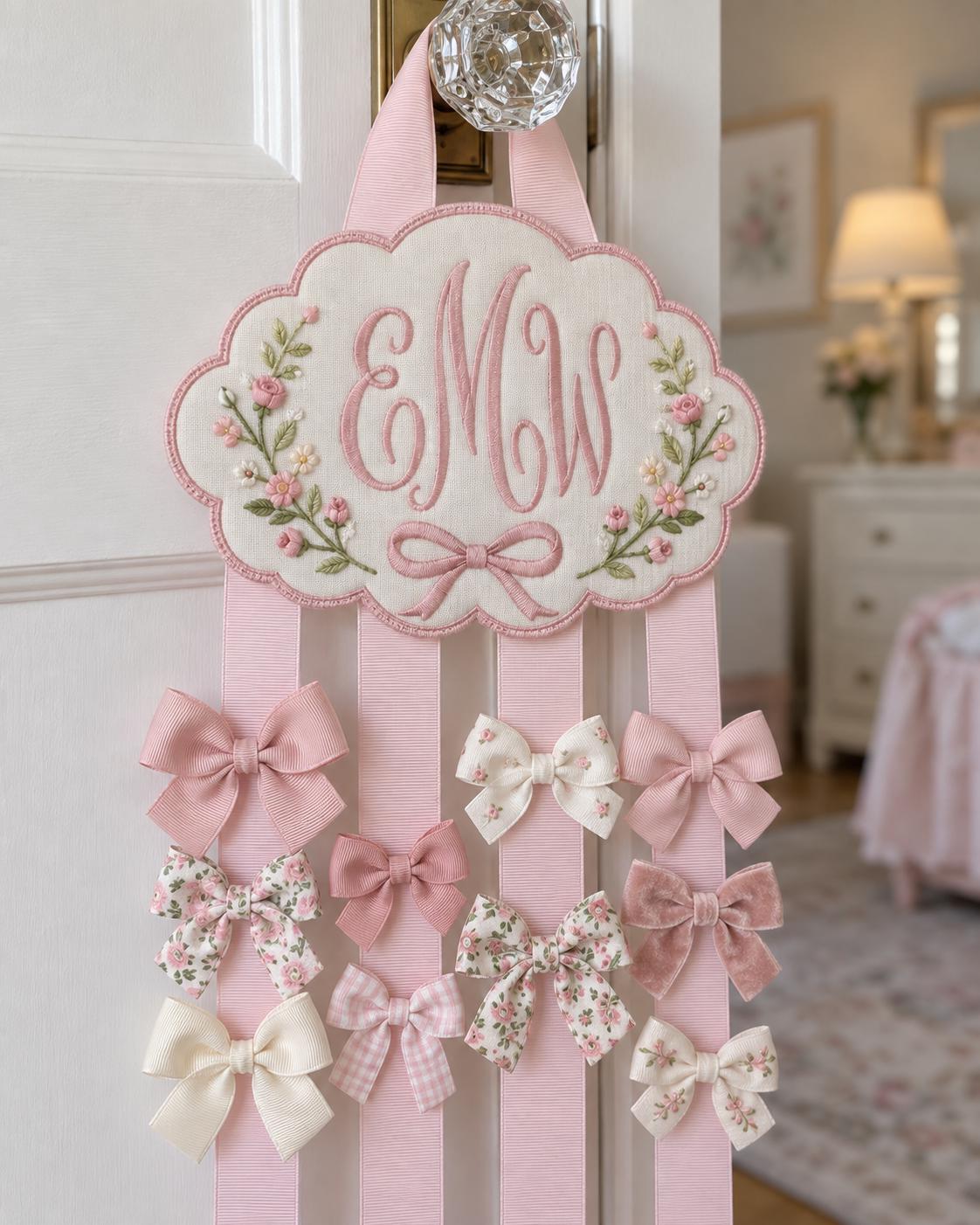Personalized Hair Bow Holder, Bunny Embroidered Bow Organizer, Custom Name Nursery Decor, Baby Girl Room Decor, Birthday Gift
