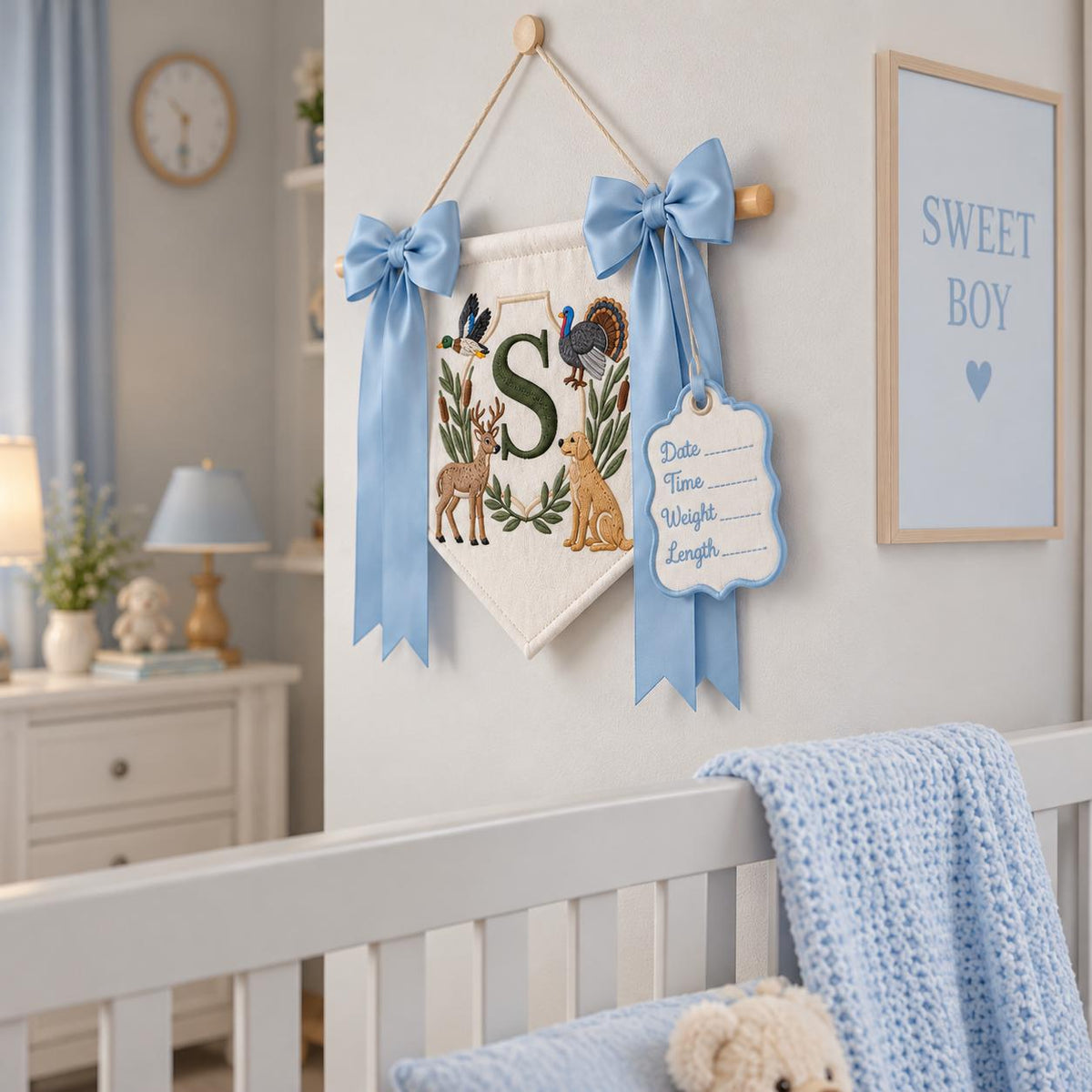 Hunting Baby Boy Name Banner, Personalized Hospital Baby Banner, Duck Deer Turkey Monogram, Baby Name Sign for Hospital, Newborn Gift
