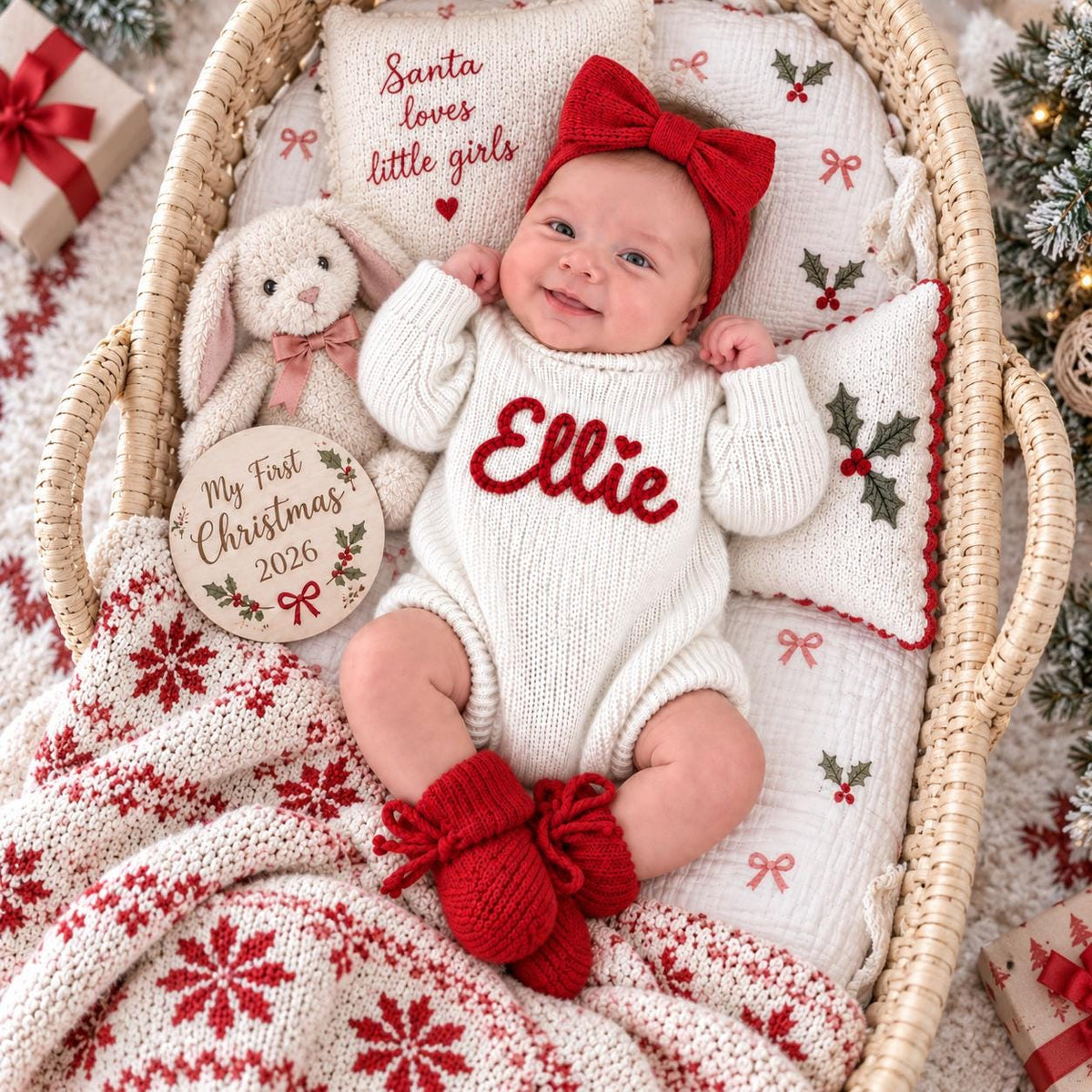 Personalized Baby Christmas Romper, Custom Embroidered Name Outfit, Baby Girl First Christmas Clothes, Newborn Holiday Gift