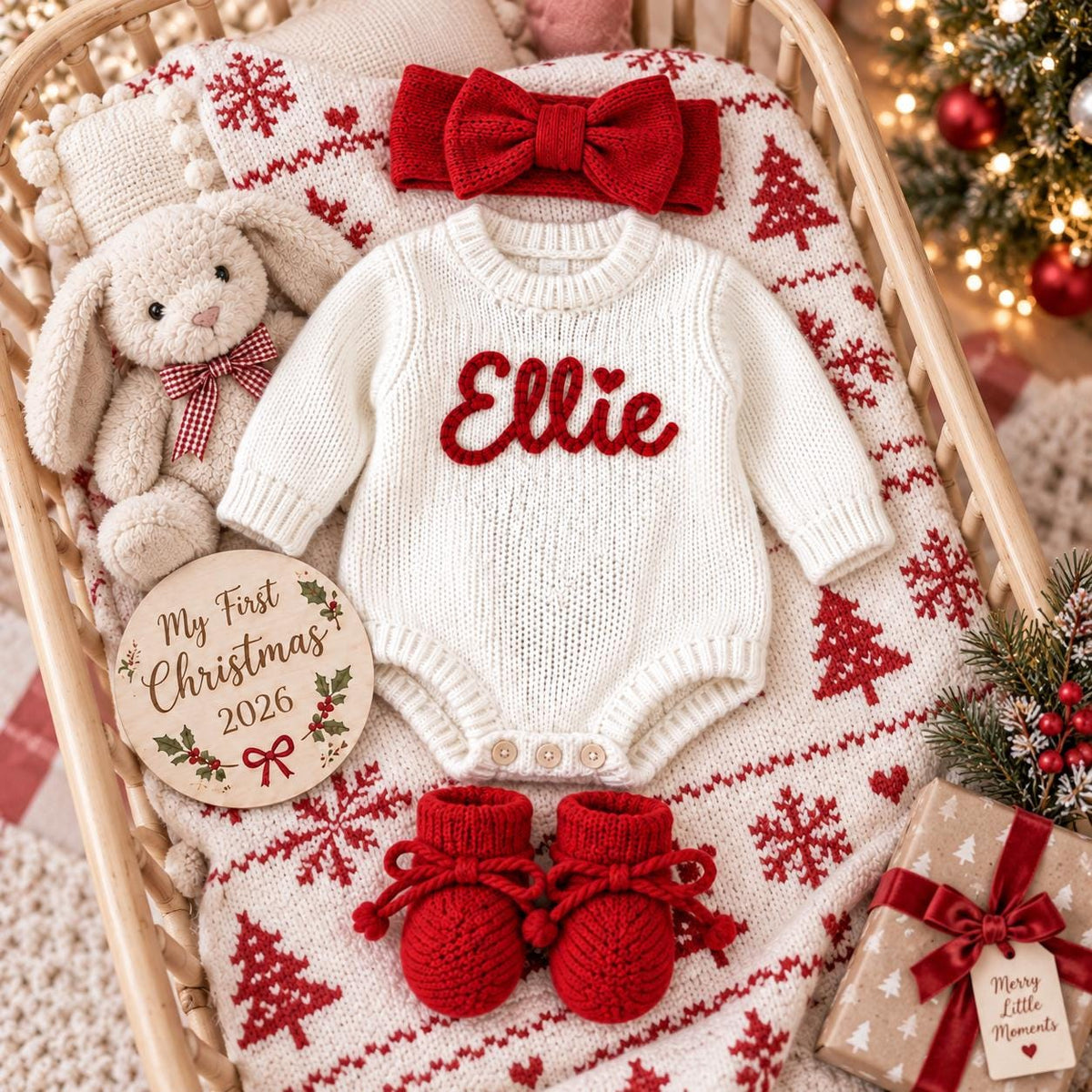 Personalized Baby Christmas Romper, Custom Embroidered Name Outfit, Baby Girl First Christmas Clothes, Newborn Holiday Gift