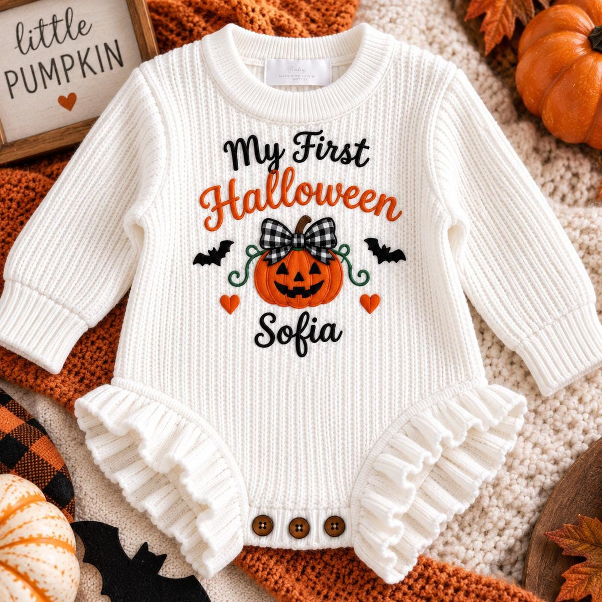 Baby First Halloween Outfit, Personalized Pumpkin Romper, Custom Embroidered Baby Name, Newborn Girl Halloween Clothes, Fall Baby Gift