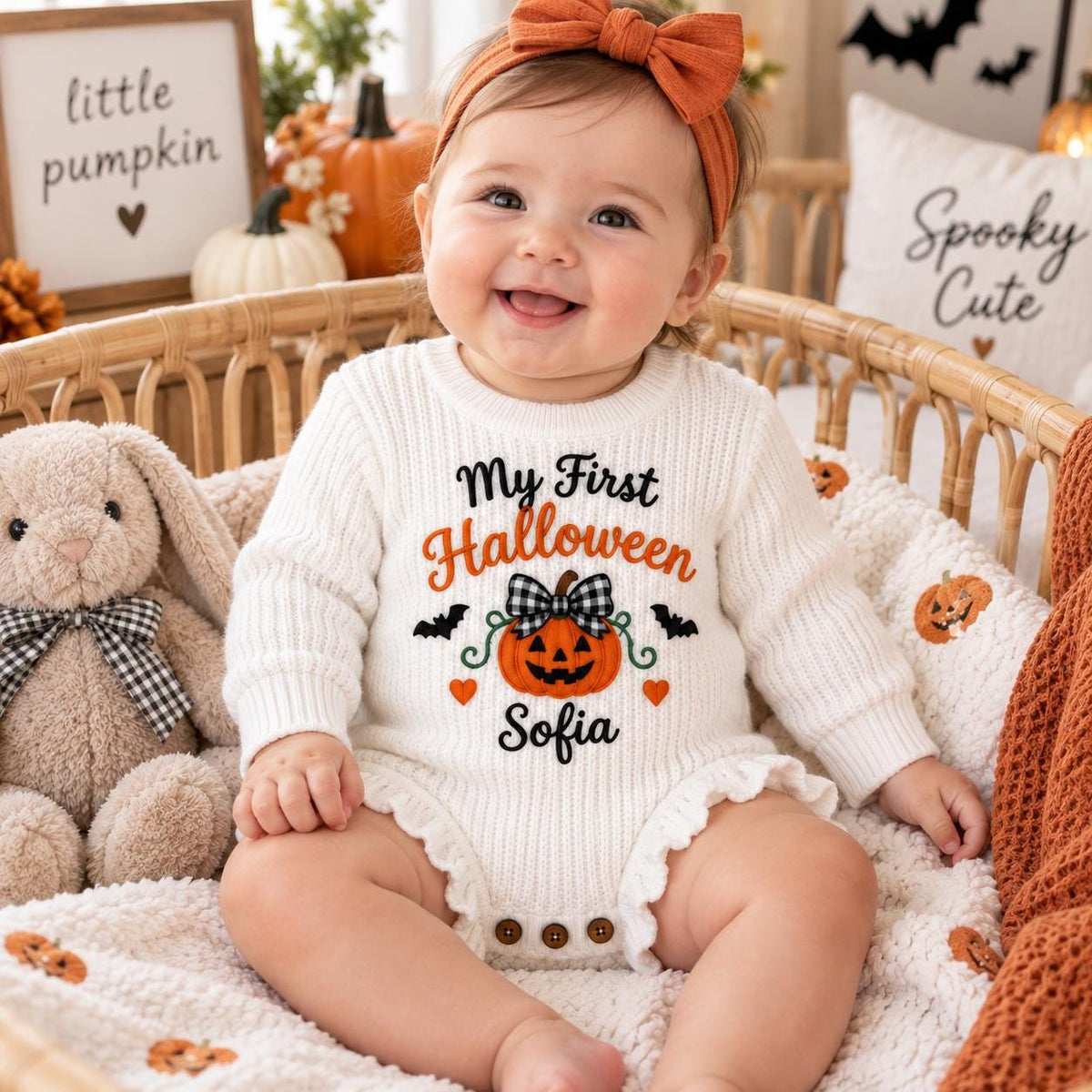 Baby First Halloween Outfit, Personalized Pumpkin Romper, Custom Embroidered Baby Name, Newborn Girl Halloween Clothes, Fall Baby Gift