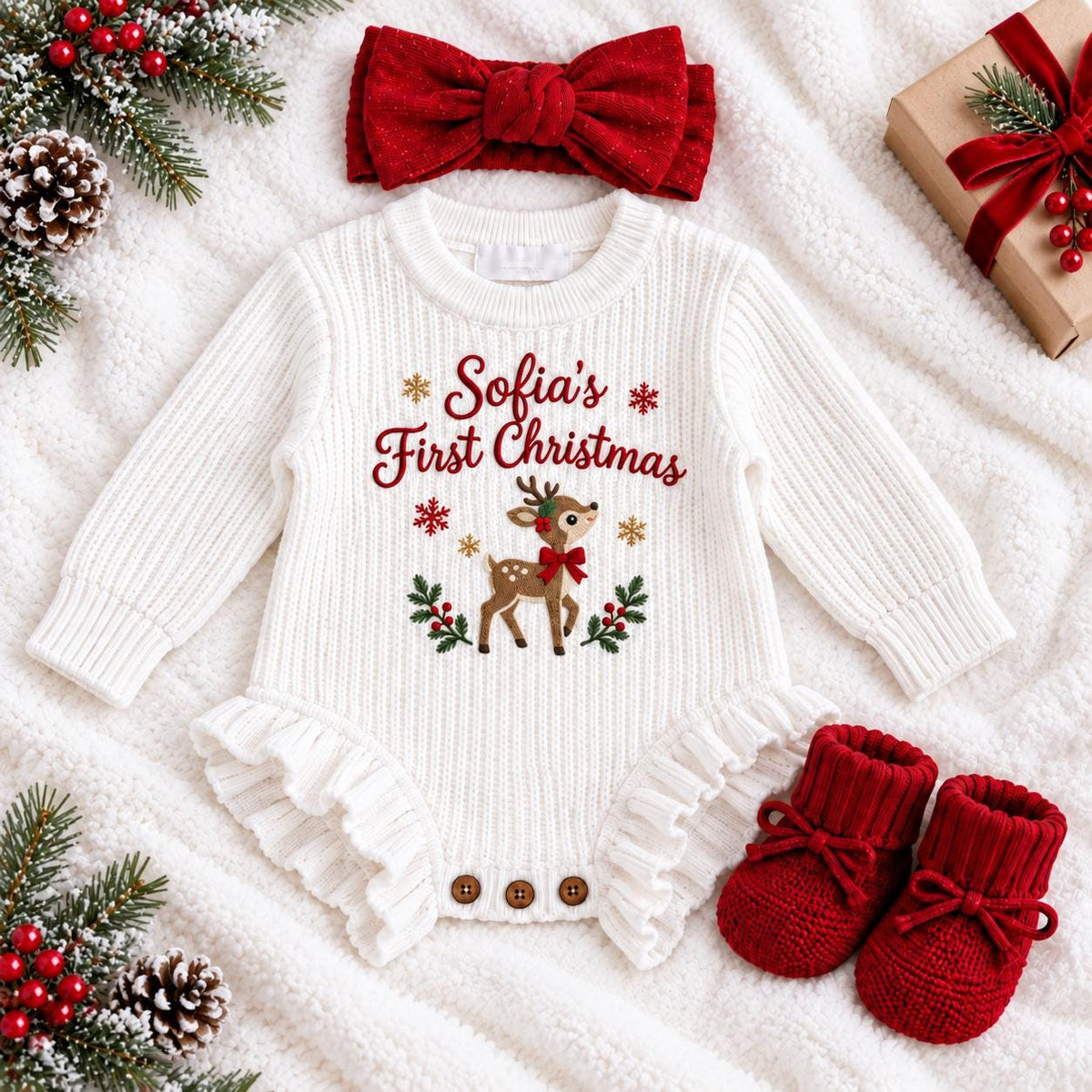 Personalized Baby Girl First Christmas Romper Set, Embroidered Name Bodysuit, Headband, Booties (Holiday Outfit)