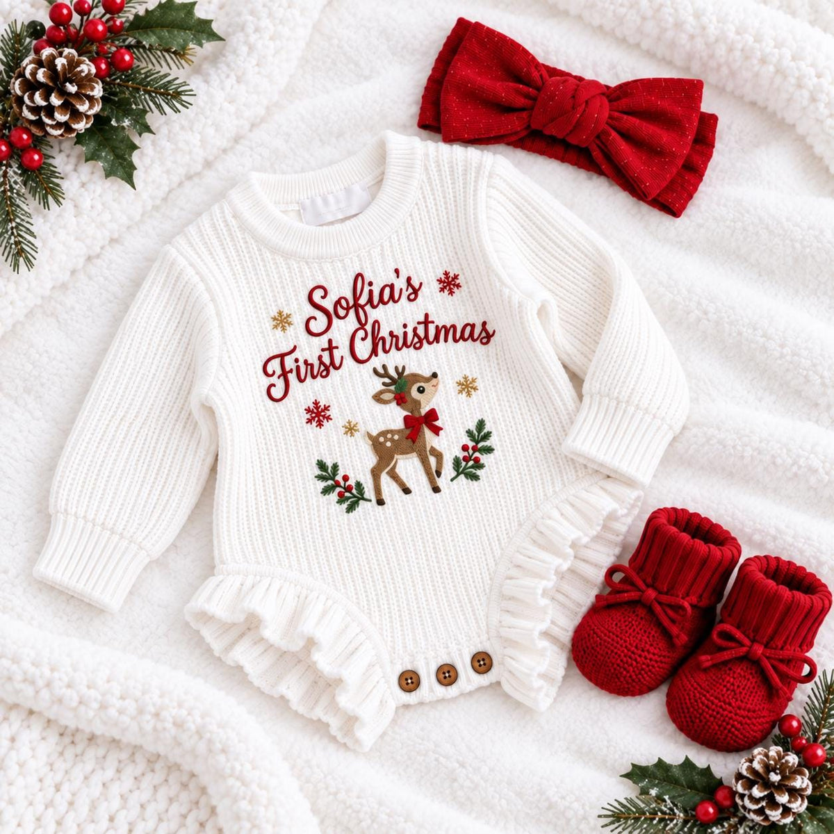 Personalized Baby Girl First Christmas Romper Set, Embroidered Name Bodysuit, Headband, Booties (Holiday Outfit)