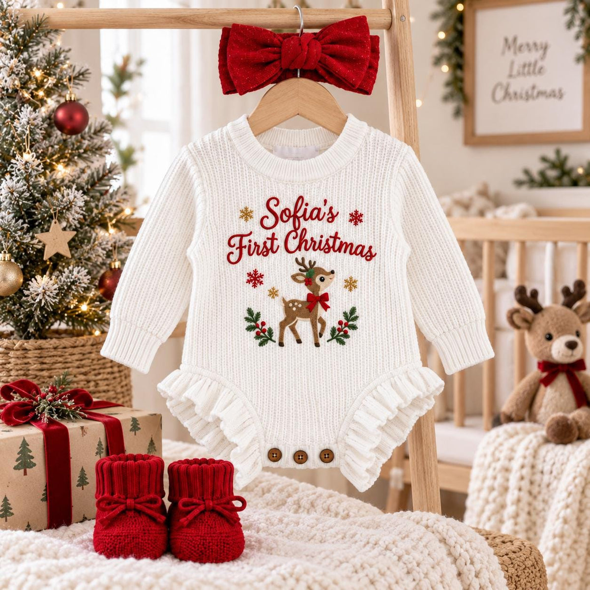 Personalized Baby Girl First Christmas Romper Set, Embroidered Name Bodysuit, Headband, Booties (Holiday Outfit)
