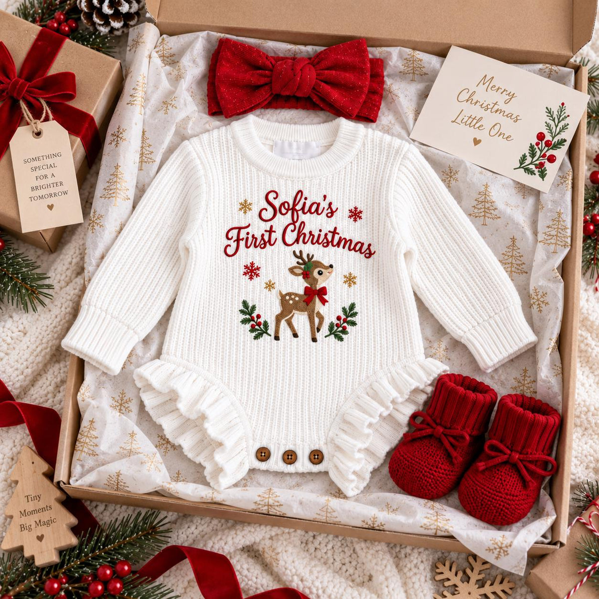 Personalized Baby Girl First Christmas Romper Set, Embroidered Name Bodysuit, Headband, Booties (Holiday Outfit)