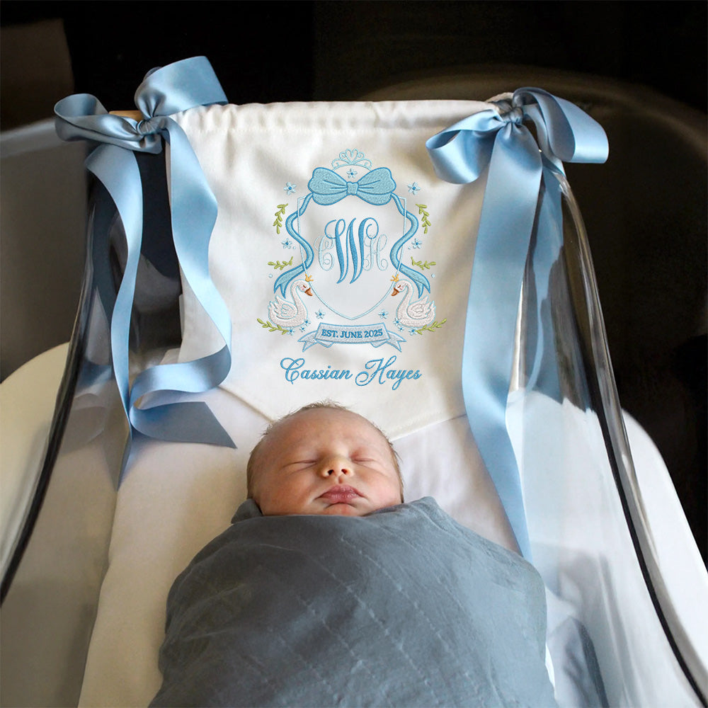 Swan Bow Crest Monogram Baby Banner โ Personalized Baby Banner, Newborn Hospital Door Sign