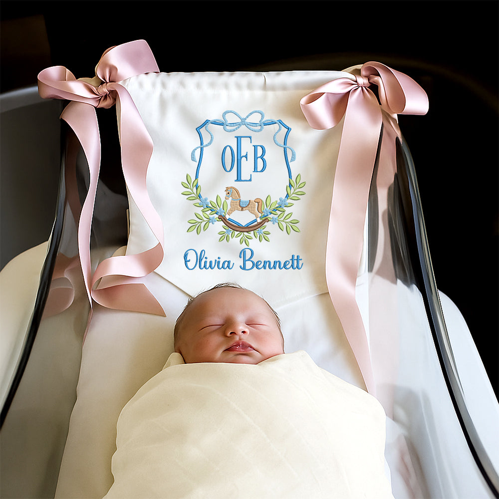 Rocking Horse Crest Monogram Baby Banner โ Personalized Baby Banner, Newborn Hospital Door Sign