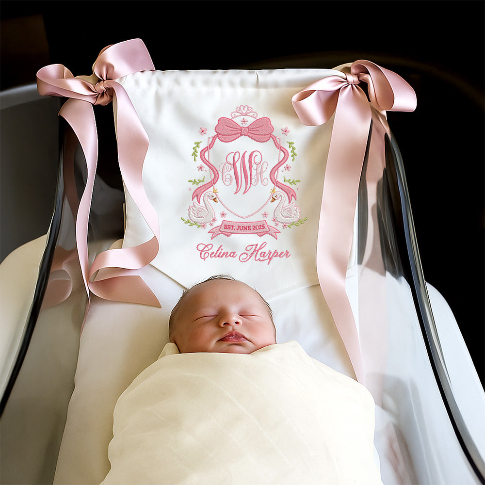 Swan Bow Crest Monogram Baby Banner โ Personalized Baby Banner, Newborn Hospital Door Sign