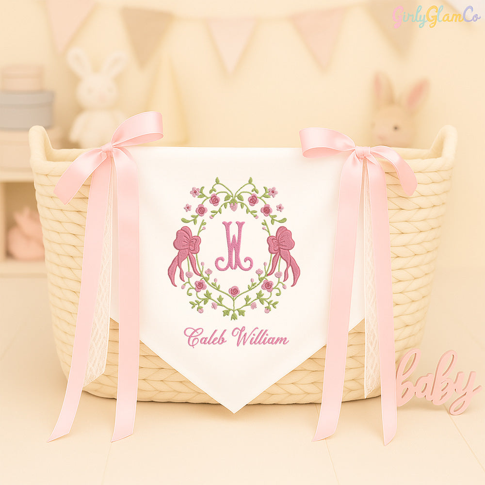 Vintage Floral Bow Wreath Monogram Baby Banner – Personalized Baby Banner, Newborn Hospital Door Sign