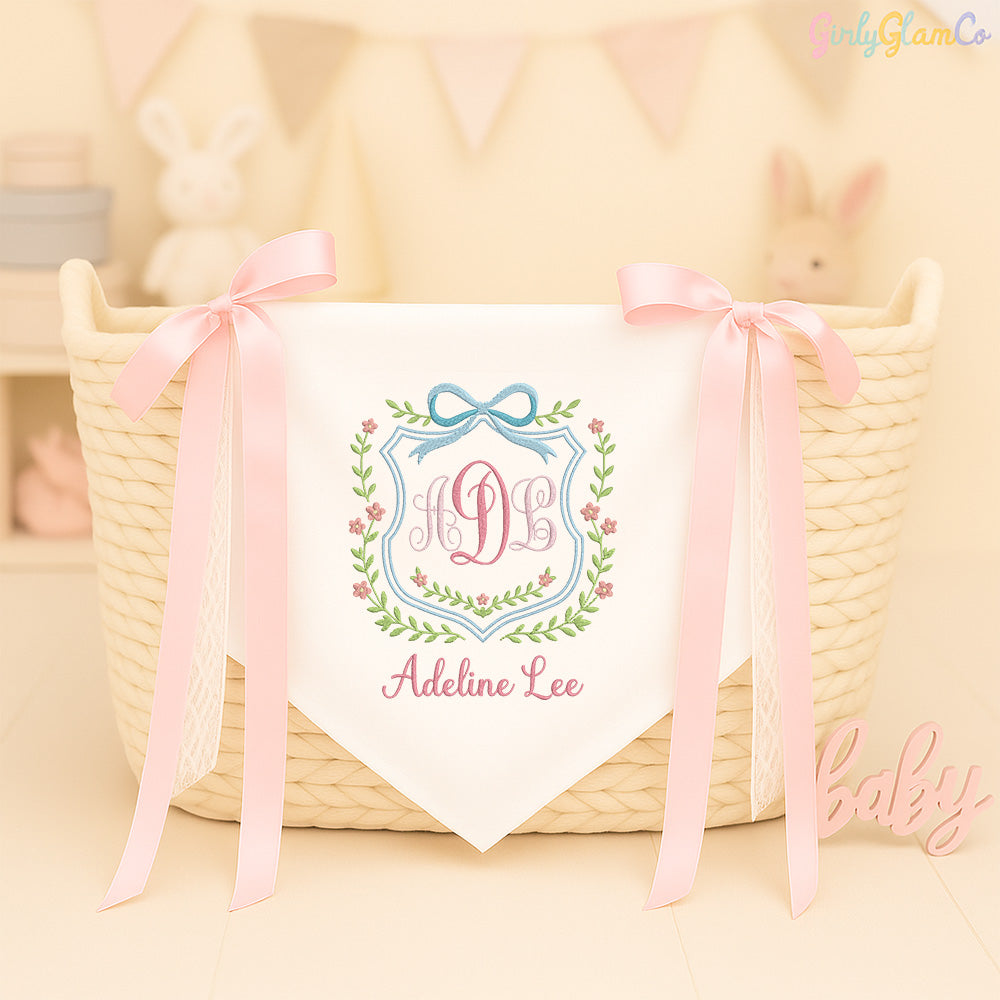 Floral Ribbon Crest Monogram Baby Banner – Personalized Baby Banner, Newborn Hospital Door Sign