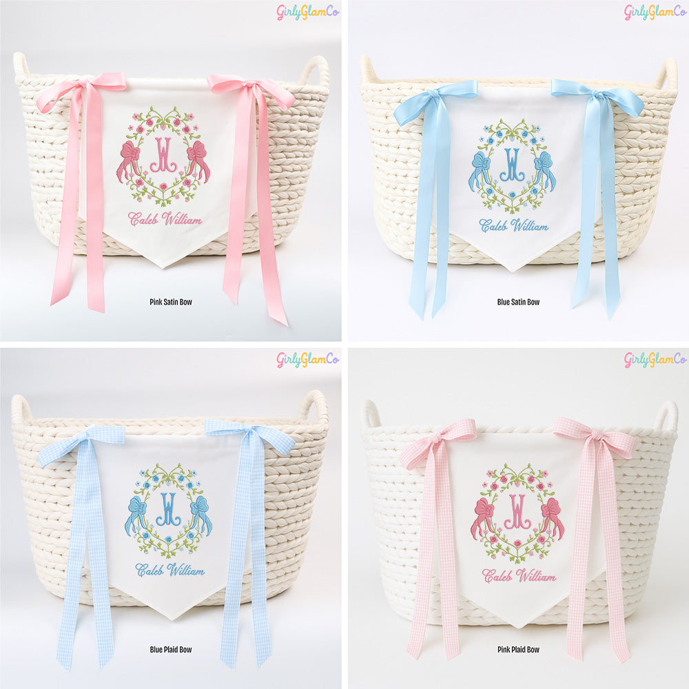 Vintage Floral Bow Wreath Monogram Baby Banner – Personalized Baby Banner, Newborn Hospital Door Sign