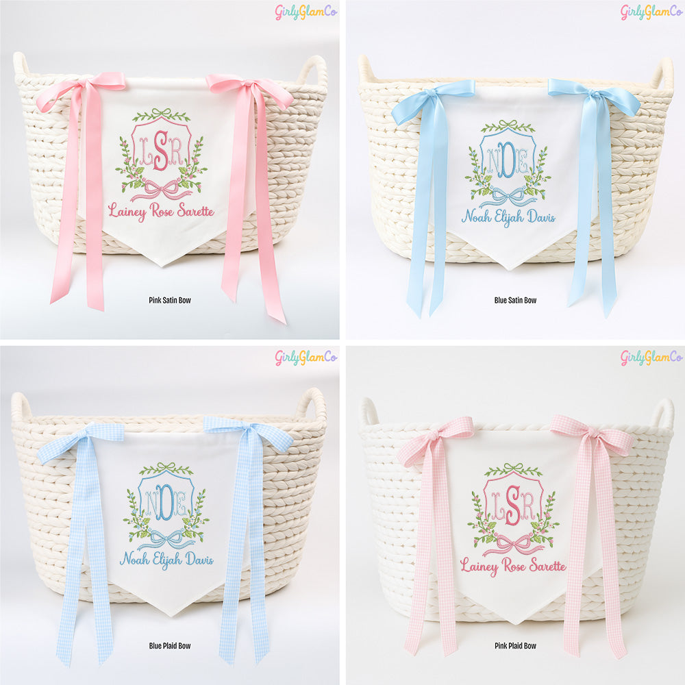 Floral Wreath & Bow Frame Baby Banner – Personalized Baby Banner, Newborn Hospital Door Sign