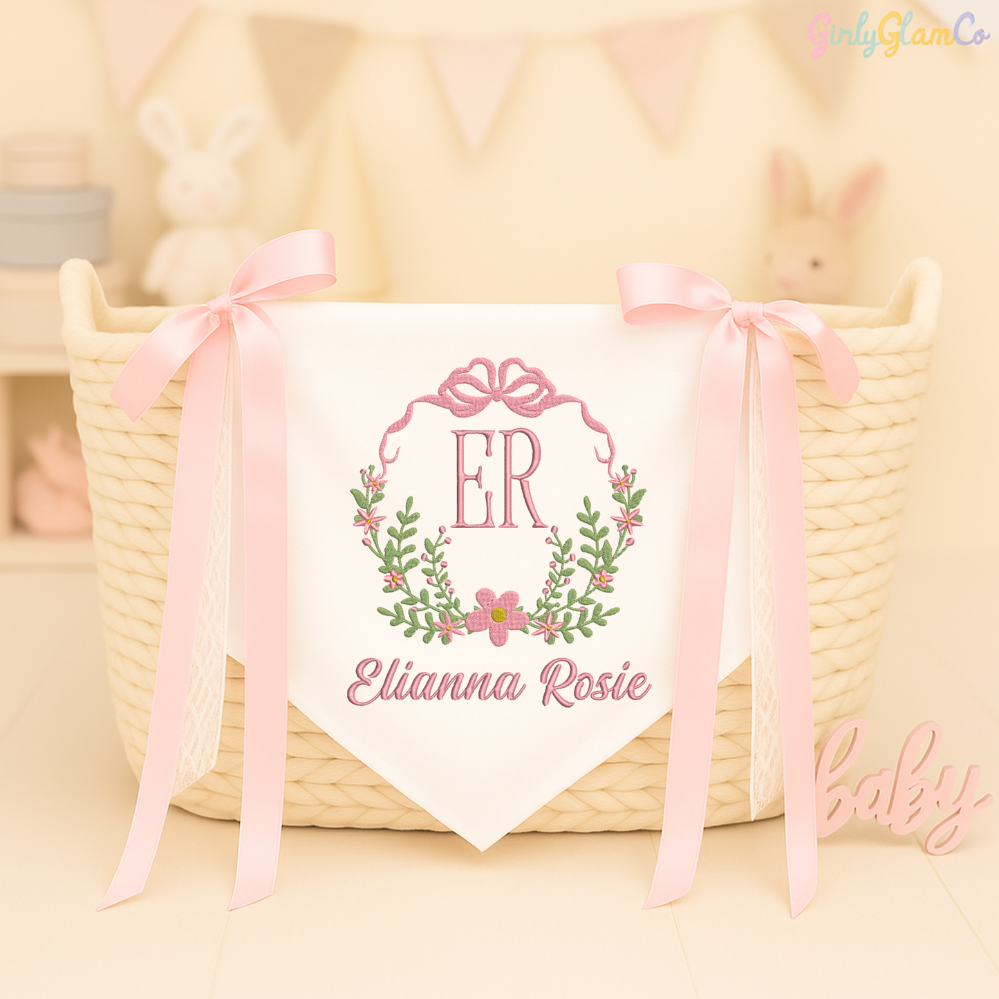 Floral Bow Crest Monogram Baby Banner – Personalized Baby Banner, Newborn Hospital Door Sign