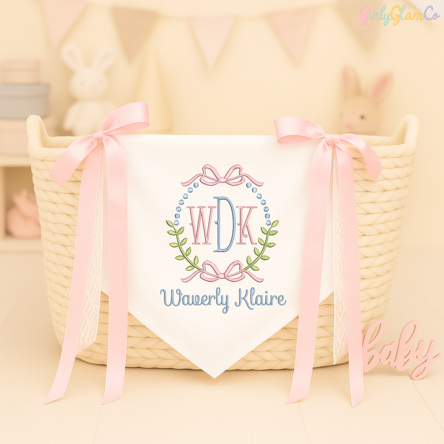 Floral Scroll Monogram with Bow Accent – Personalized Baby Banner, Newborn Hospital Door Sign