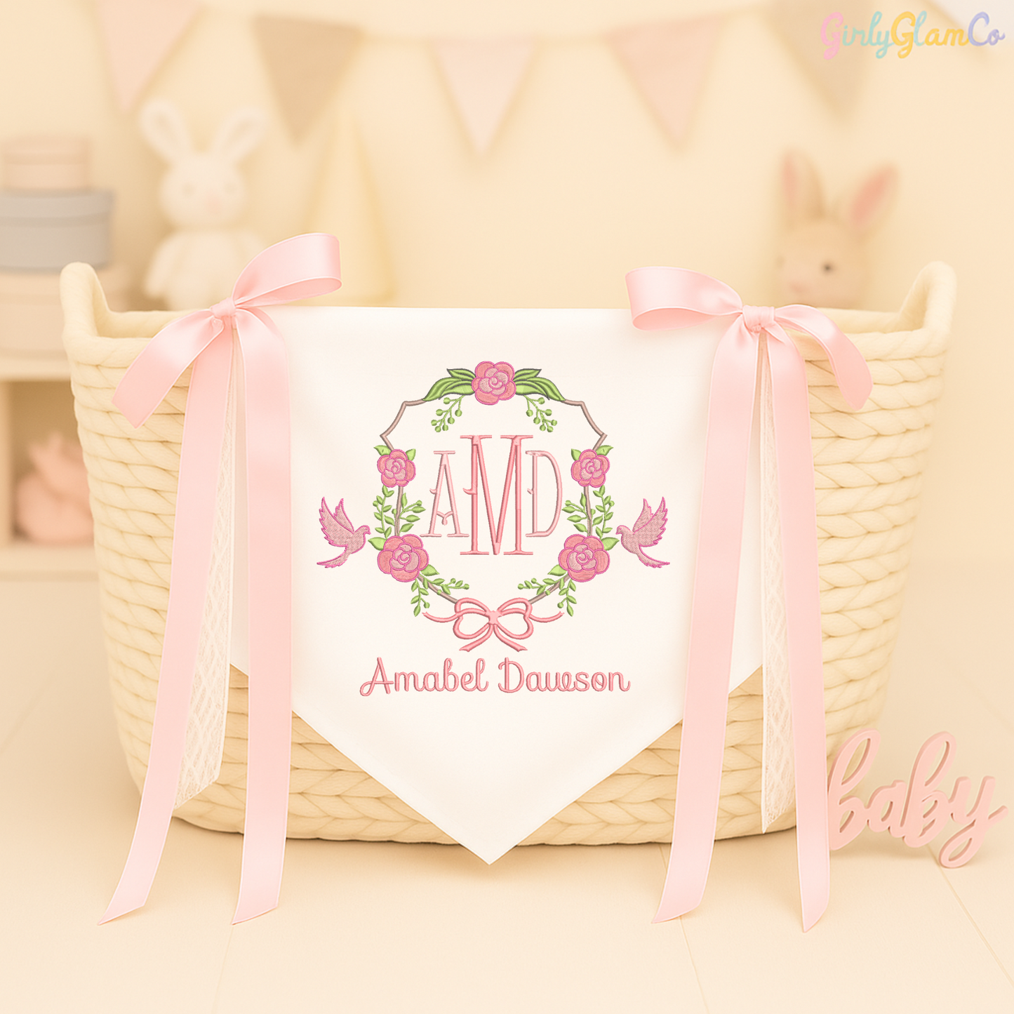 Rose Wreath & Lovebirds Monogram – Personalized Baby Banner, Newborn Hospital Door Sign