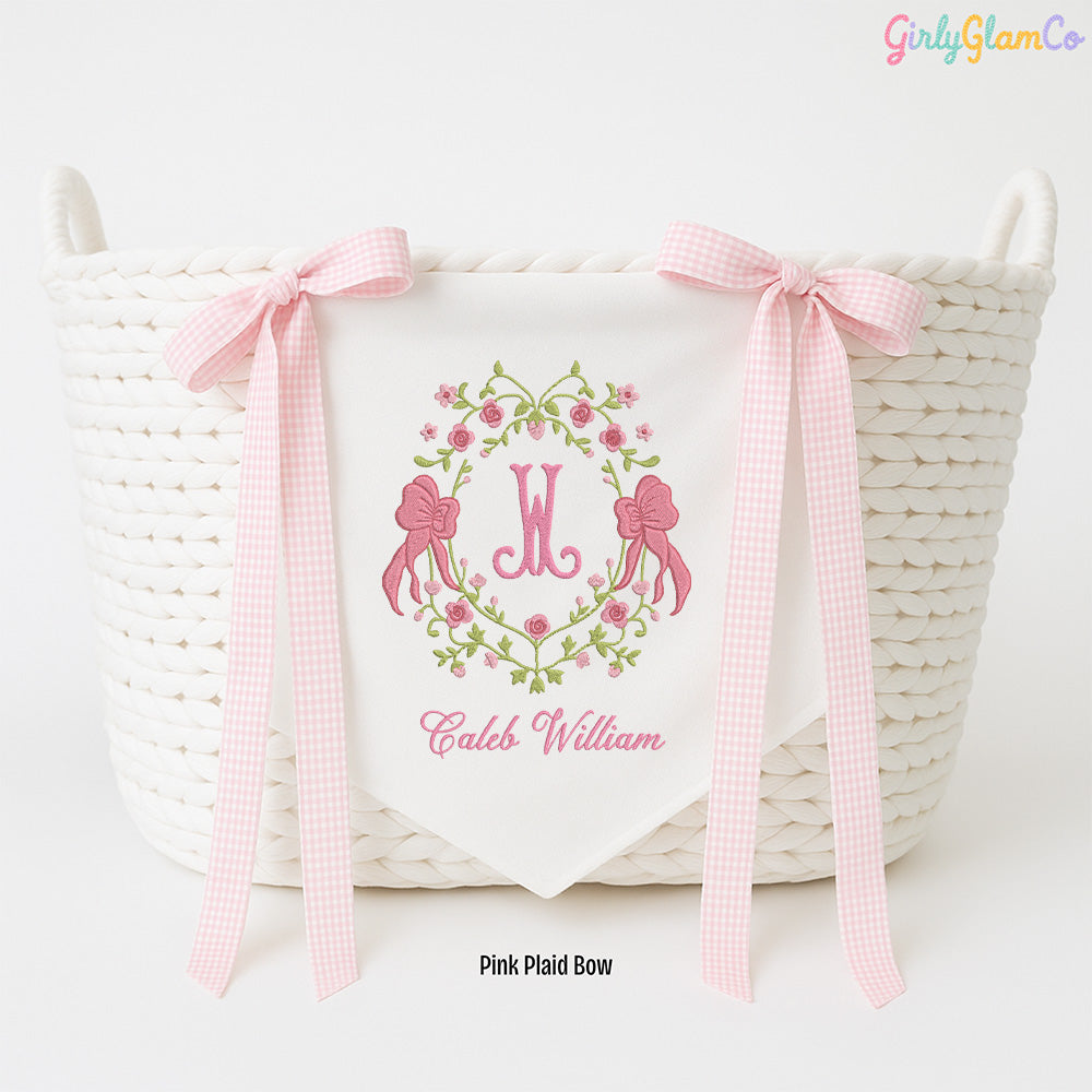 Vintage Floral Bow Wreath Monogram Baby Banner – Personalized Baby Banner, Newborn Hospital Door Sign