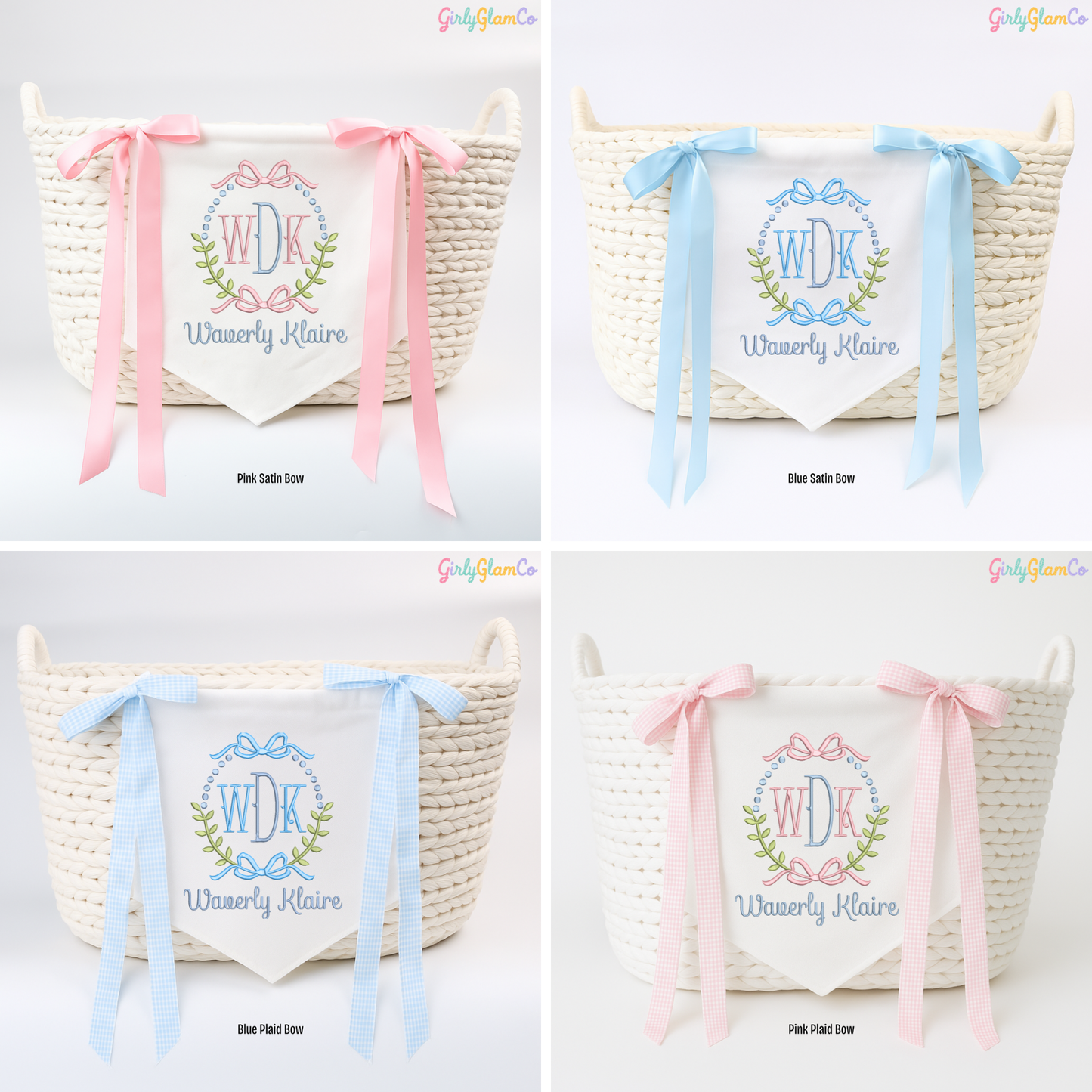 Floral Scroll Monogram with Bow Accent – Personalized Baby Banner, Newborn Hospital Door Sign