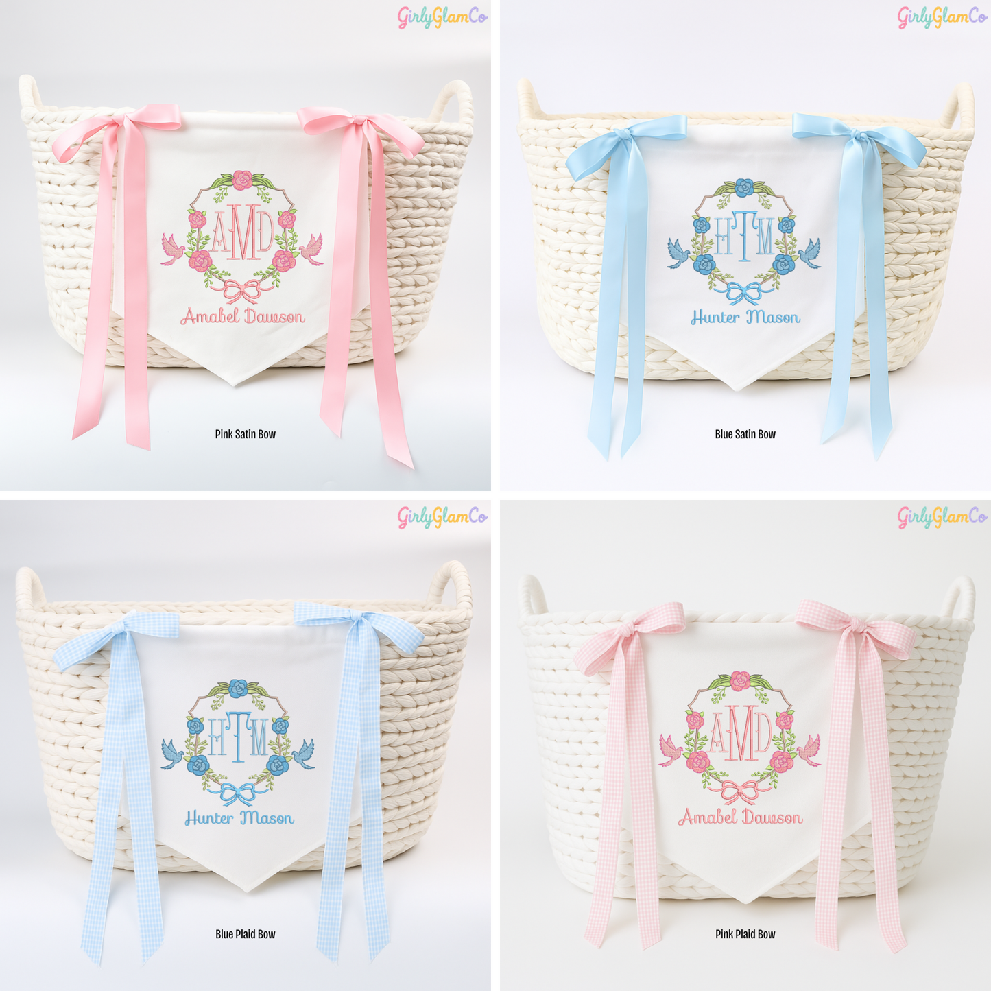Rose Wreath & Lovebirds Monogram – Personalized Baby Banner, Newborn Hospital Door Sign