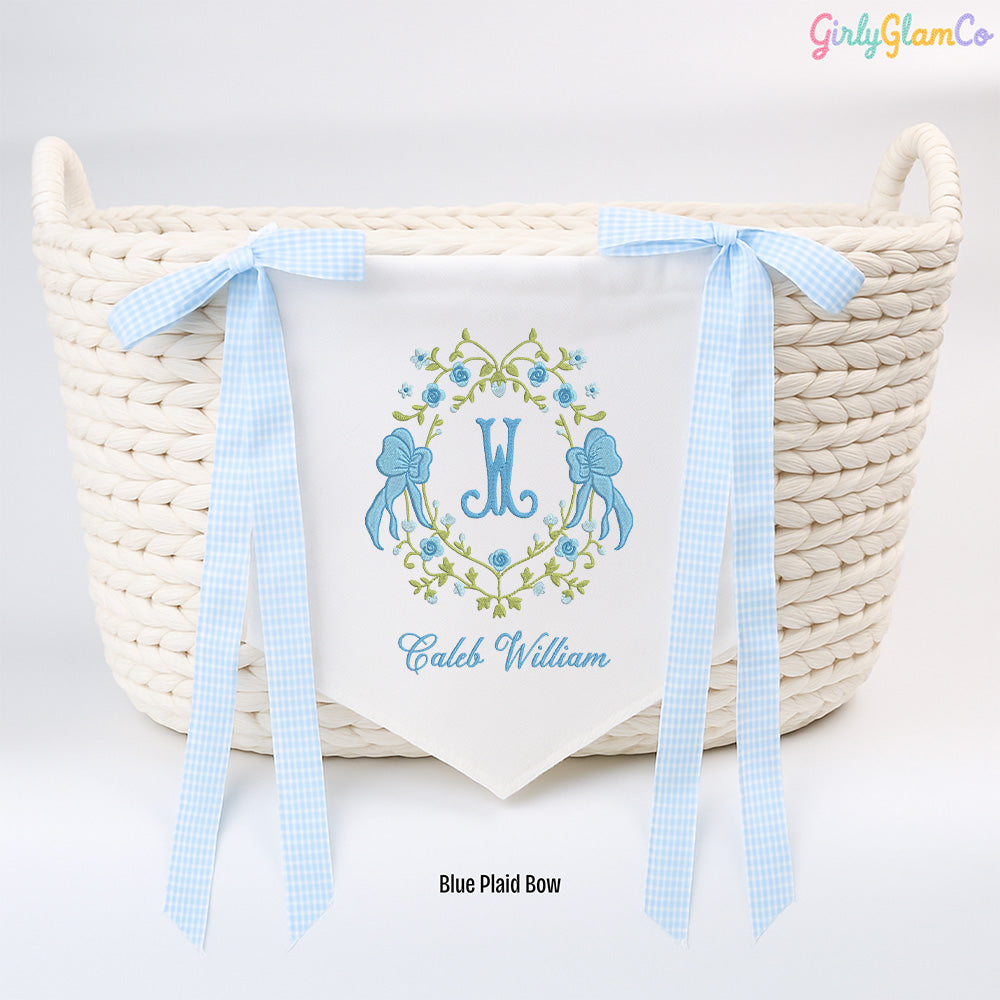 Vintage Floral Bow Wreath Monogram Baby Banner – Personalized Baby Banner, Newborn Hospital Door Sign