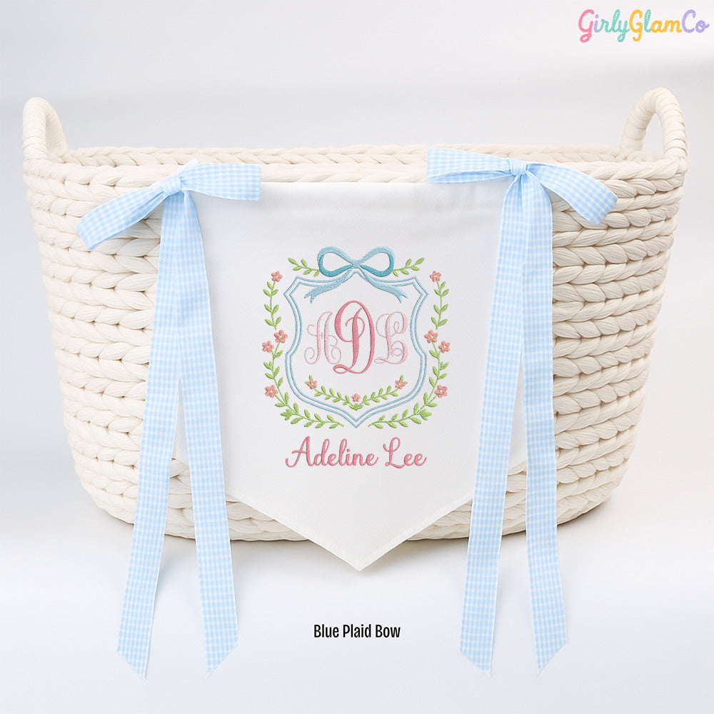 Floral Ribbon Crest Monogram Baby Banner – Personalized Baby Banner, Newborn Hospital Door Sign