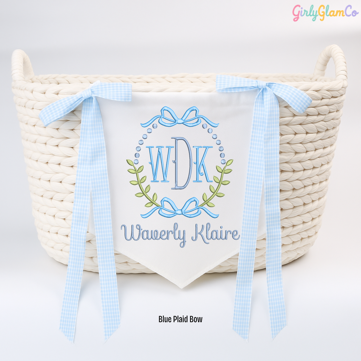 Floral Scroll Monogram with Bow Accent – Personalized Baby Banner, Newborn Hospital Door Sign