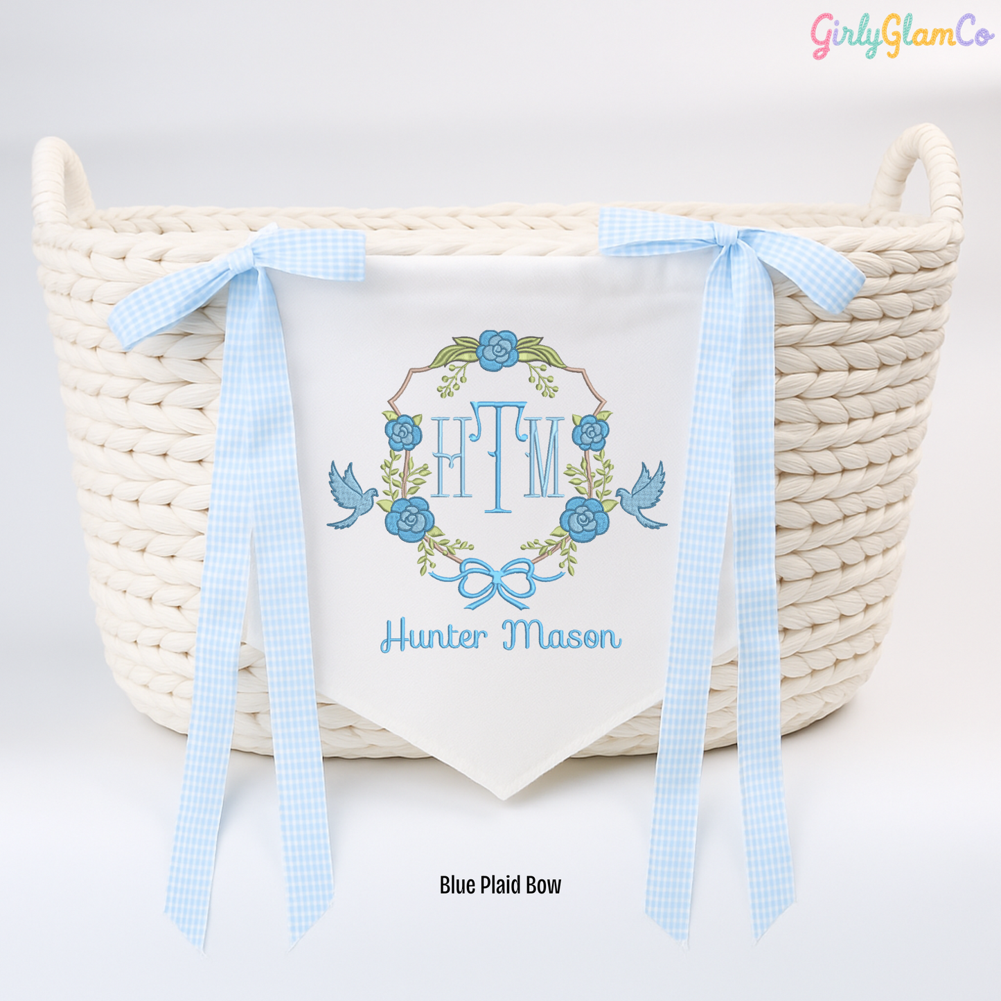 Rose Wreath & Lovebirds Monogram – Personalized Baby Banner, Newborn Hospital Door Sign