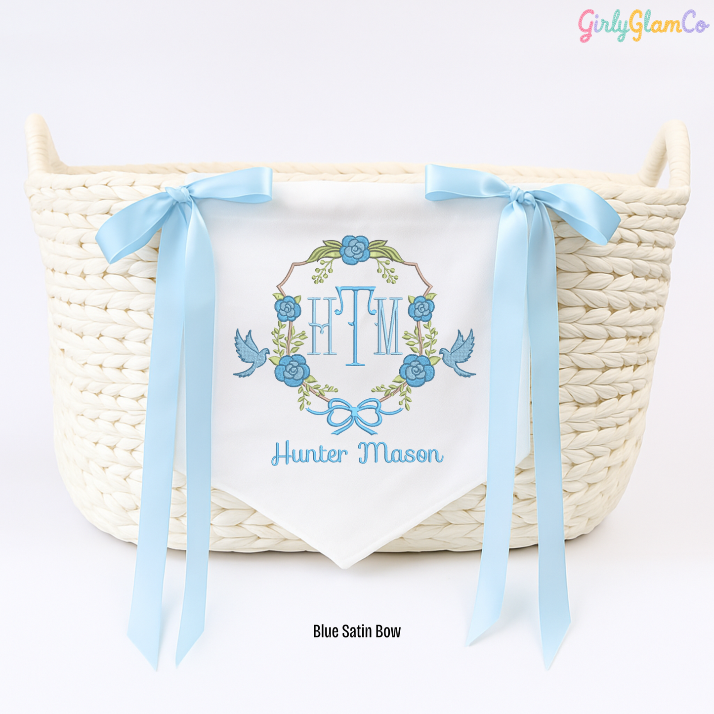 Rose Wreath & Lovebirds Monogram – Personalized Baby Banner, Newborn Hospital Door Sign