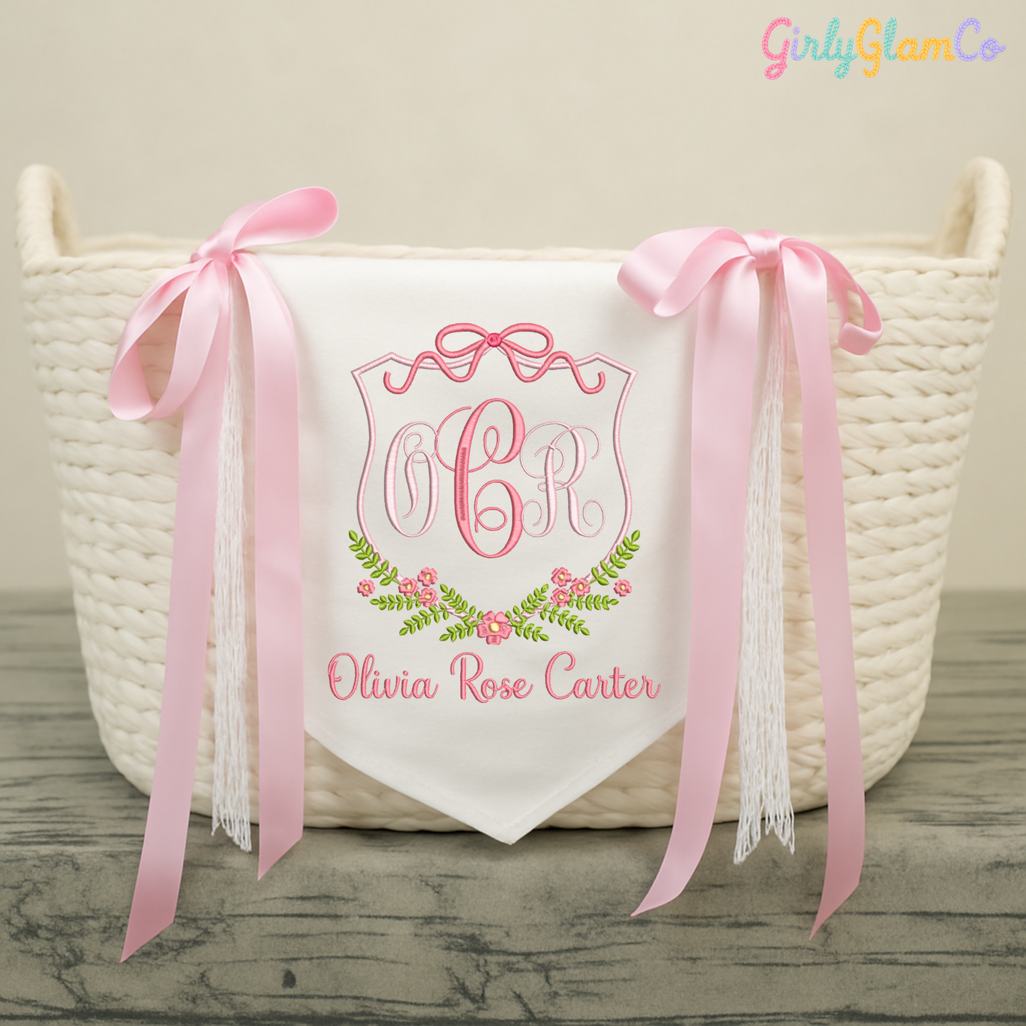 Floral Crest Monogram – Personalized Baby Banner, Newborn Hospital Door Sign