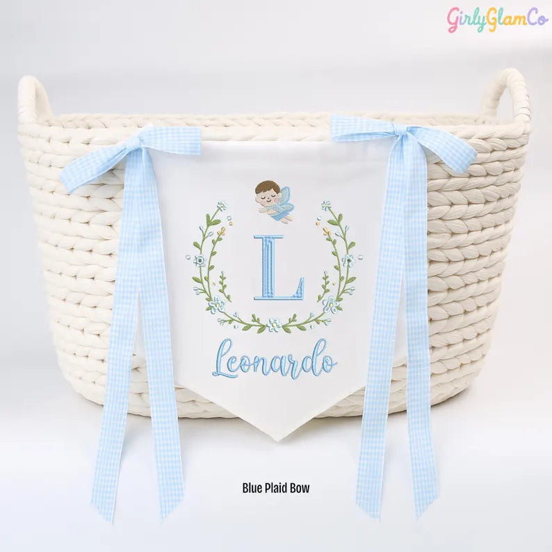 Angel Wreath Monogram 2 – Personalized Baby Banner, Newborn Hospital Door Sign
