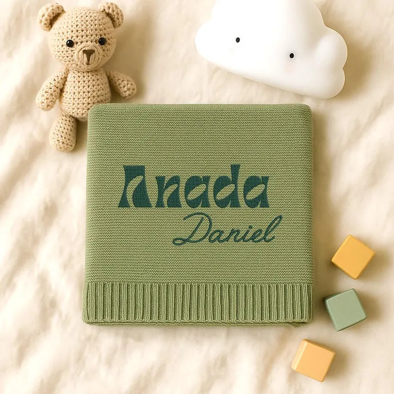 Personalized Knitted Baby Blanket with Monogram, Embroidered Name Baby Blanket, Soft Cotton Baby Blanket, Newborn Gifts, Baby Keepsake Gift