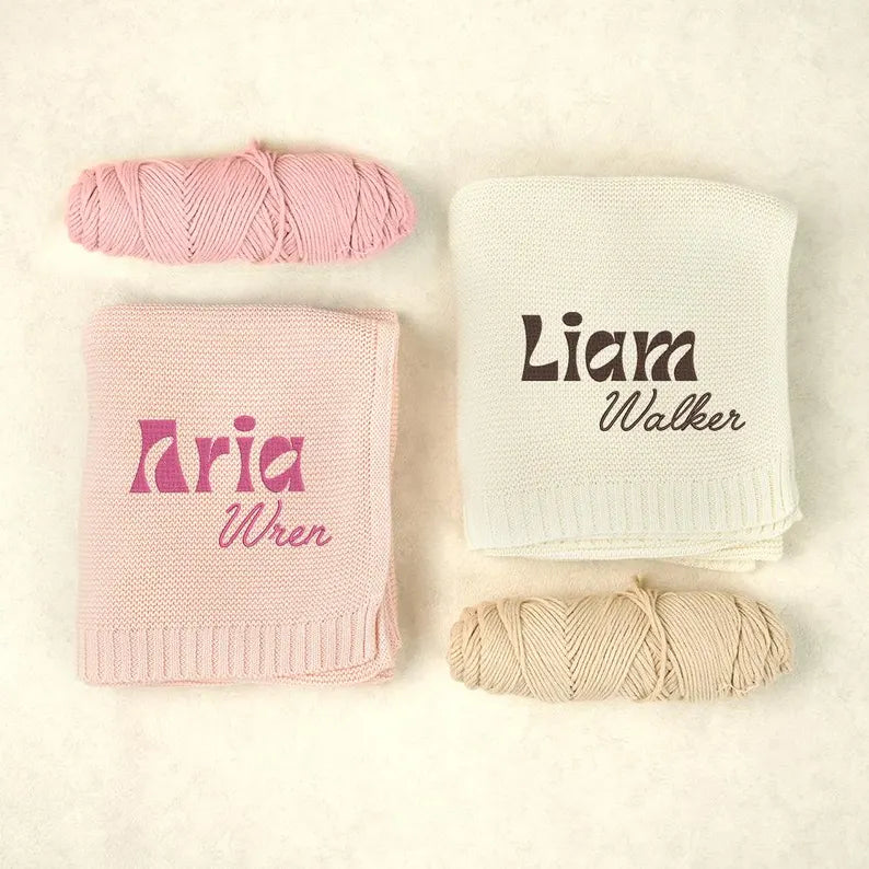 Personalized Knitted Baby Blanket with Monogram, Embroidered Name Baby Blanket, Soft Cotton Baby Blanket, Newborn Gifts, Baby Keepsake Gift