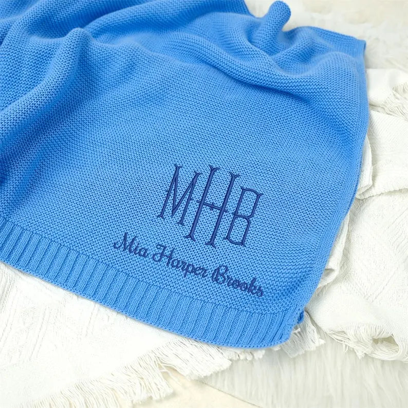 Personalized Knitted Baby Blanket with Monogram, Embroidered Name Baby Blanket, Soft Cotton Baby Blanket, Newborn Gifts, Baby Keepsake Gift