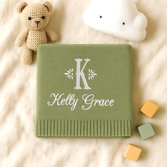 Personalized Knitted Baby Blanket with Monogram, Embroidered Name Baby Blanket, Soft Cotton Baby Blanket, Newborn Gifts