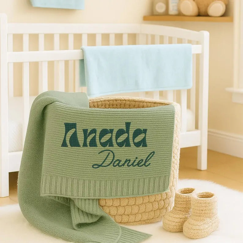 Personalized Knitted Baby Blanket with Monogram, Embroidered Name Baby Blanket, Soft Cotton Baby Blanket, Newborn Gifts, Baby Keepsake Gift