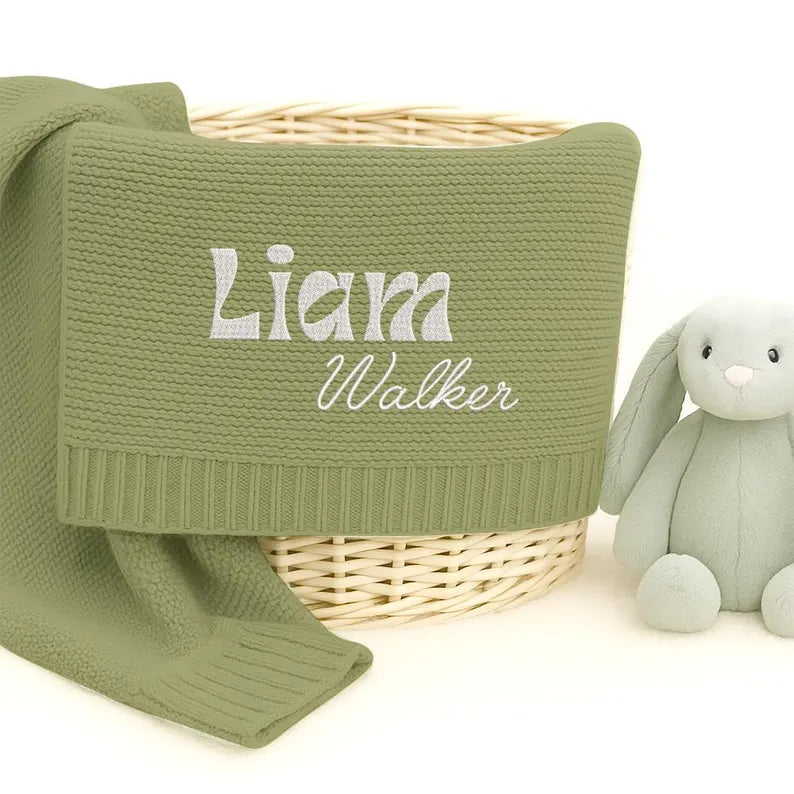 Personalized Knitted Baby Blanket with Monogram, Embroidered Name Baby Blanket, Soft Cotton Baby Blanket, Newborn Gifts, Baby Keepsake Gift