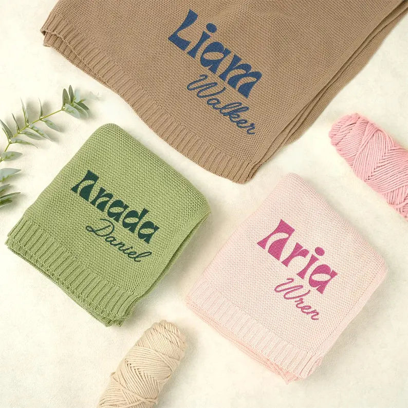 Personalized Knitted Baby Blanket with Monogram, Embroidered Name Baby Blanket, Soft Cotton Baby Blanket, Newborn Gifts, Baby Keepsake Gift