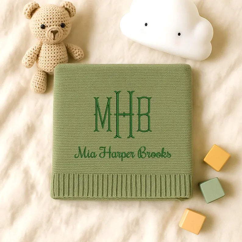 Personalized Knitted Baby Blanket with Monogram, Embroidered Name Baby Blanket, Soft Cotton Baby Blanket, Newborn Gifts, Baby Keepsake Gift
