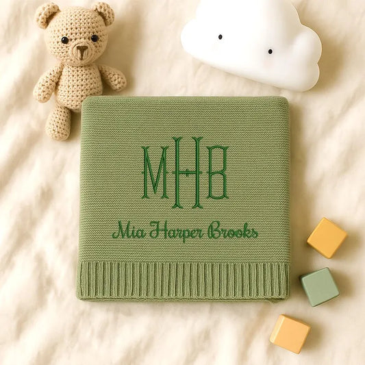 Personalized Knitted Baby Blanket with Monogram, Embroidered Name Baby Blanket, Soft Cotton Baby Blanket, Newborn Gifts, Baby Keepsake Gift
