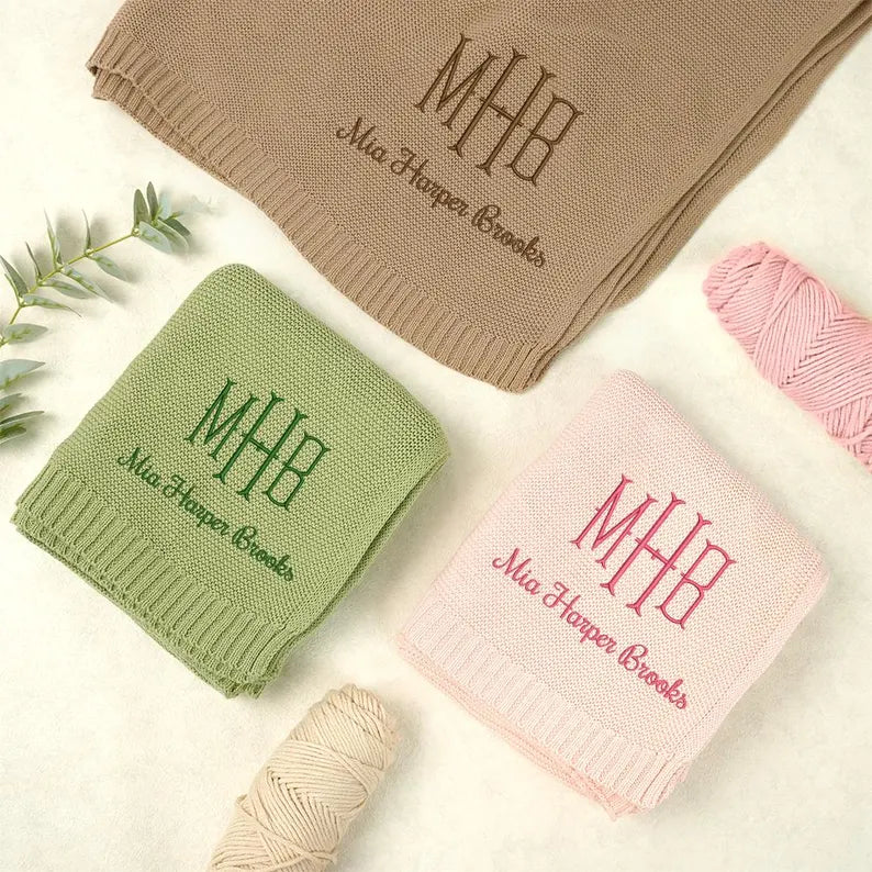 Personalized Knitted Baby Blanket with Monogram, Embroidered Name Baby Blanket, Soft Cotton Baby Blanket, Newborn Gifts, Baby Keepsake Gift