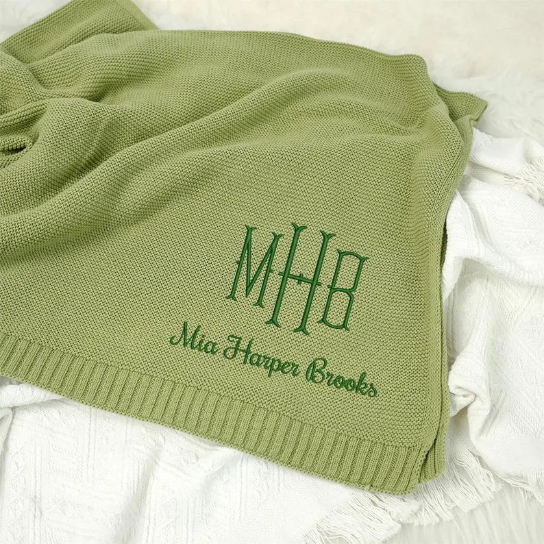 Personalized Knitted Baby Blanket with Monogram, Embroidered Name Baby Blanket, Soft Cotton Baby Blanket, Newborn Gifts, Baby Keepsake Gift