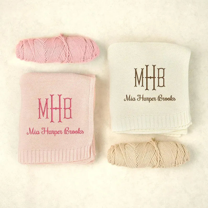Personalized Knitted Baby Blanket with Monogram, Embroidered Name Baby Blanket, Soft Cotton Baby Blanket, Newborn Gifts, Baby Keepsake Gift