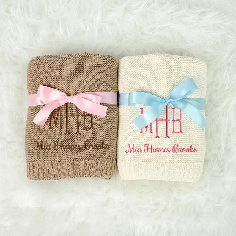 Personalized Knitted Baby Blanket with Monogram, Embroidered Name Baby Blanket, Soft Cotton Baby Blanket, Newborn Gifts, Baby Keepsake Gift