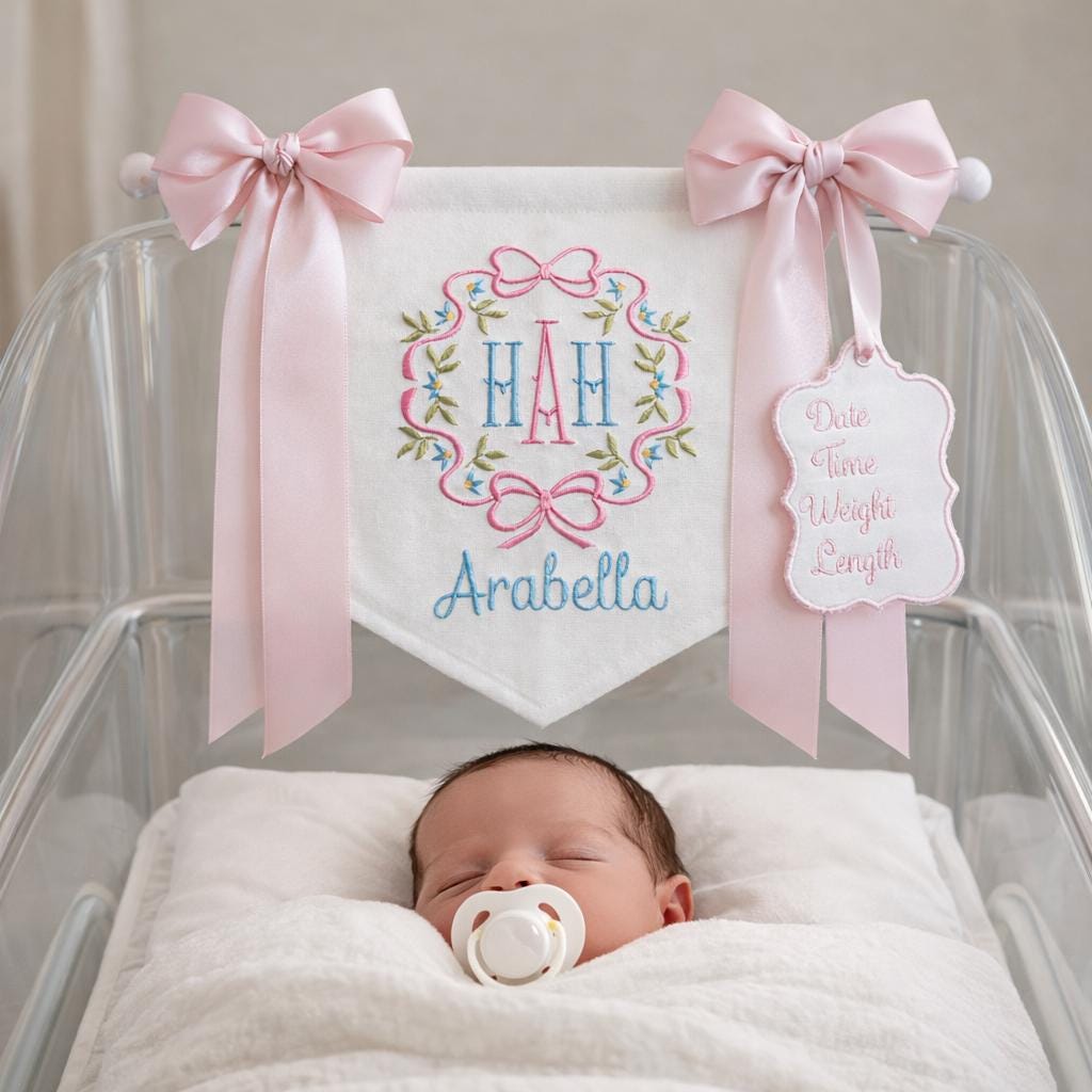 Personalized Floral Embroidered Baby Name Banner Nursery Decor