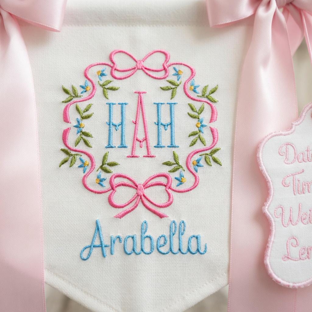 Personalized Floral Embroidered Baby Name Banner Nursery Decor