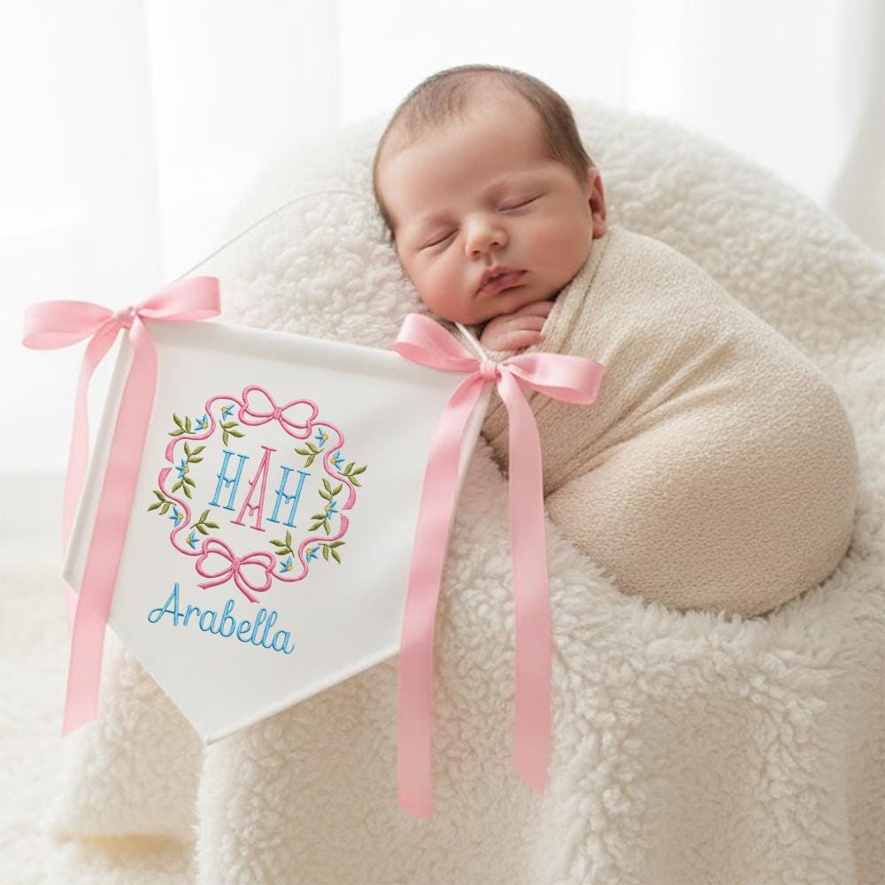 Personalized Floral Embroidered Baby Name Banner Nursery Decor